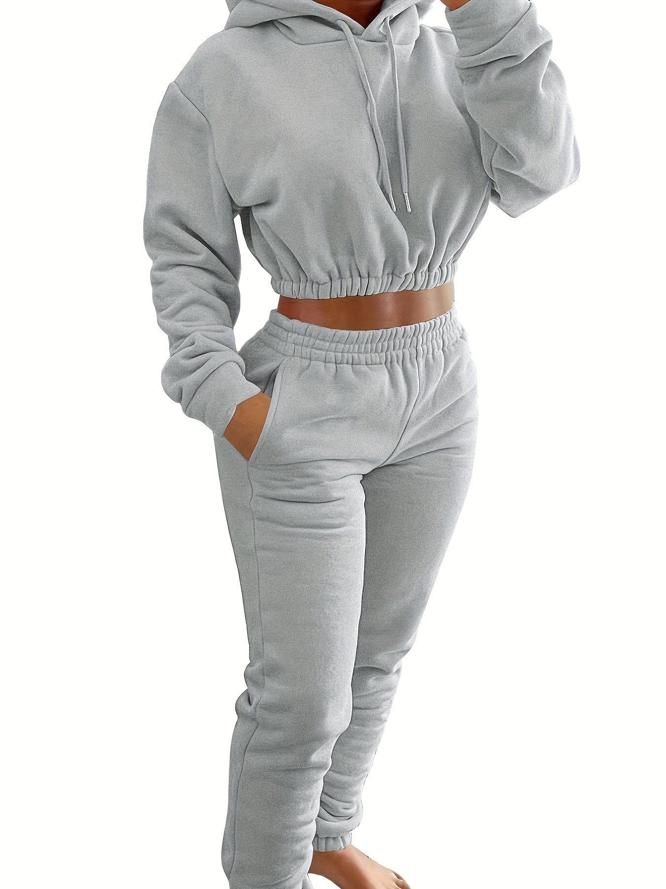 Elastic Hem Fleece Lining Drawstring Hoodie & Jogging Pants Two-Piece Set