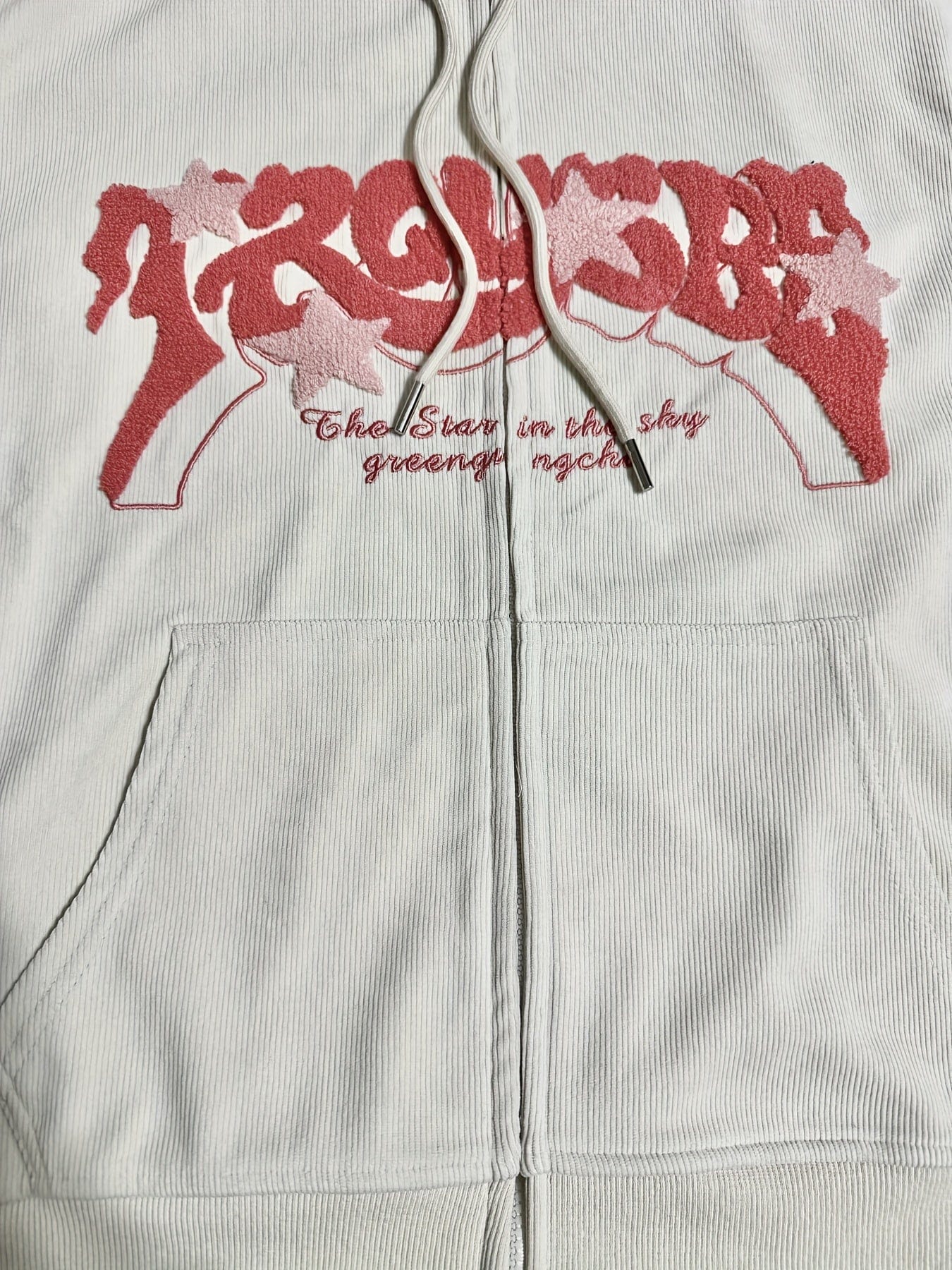 Stylish Zip Up Drawstring Letter Print Slant Pockets Hoodie