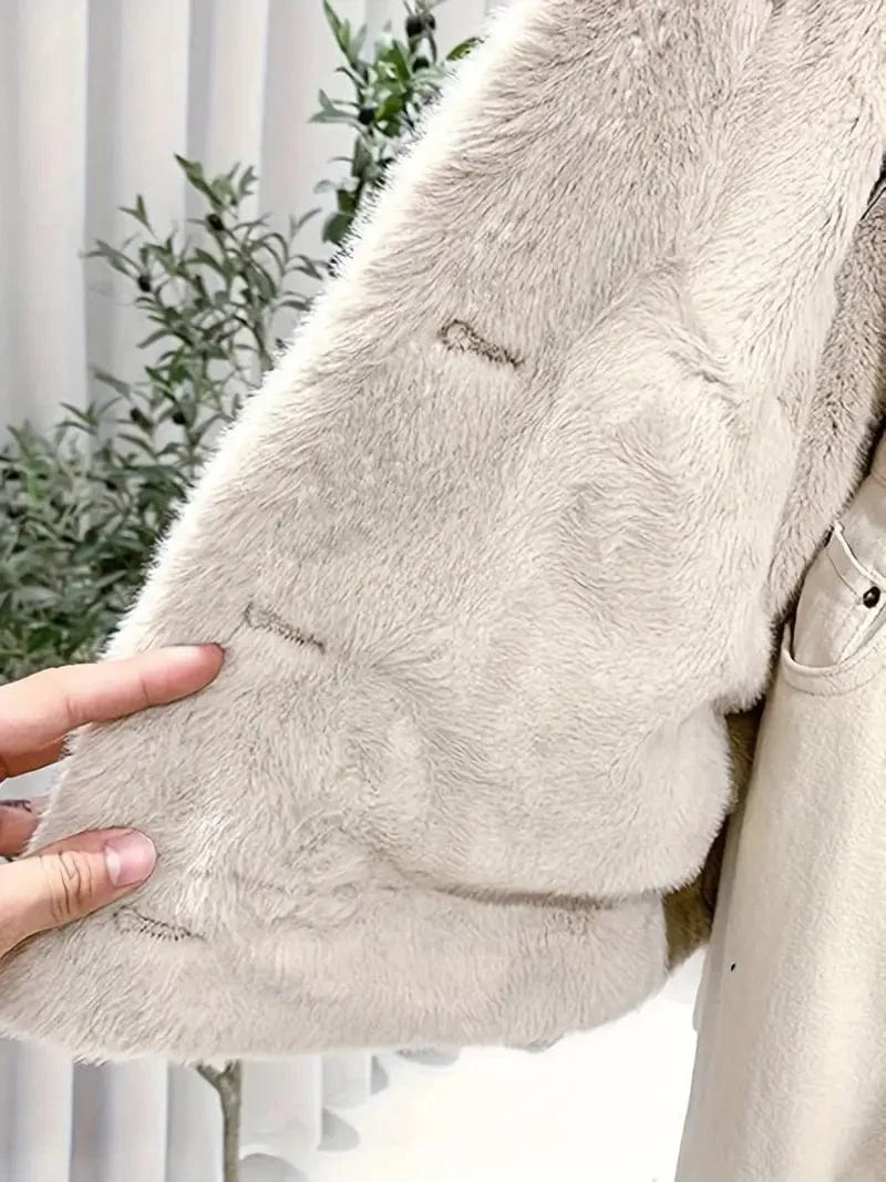Reversible Women's Winter Denim Coat with Fleece Lining and Loose Fit Flap Pockets