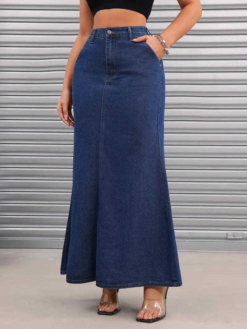 Versatile Women's Denim Maxi Skirt with Slant Pockets