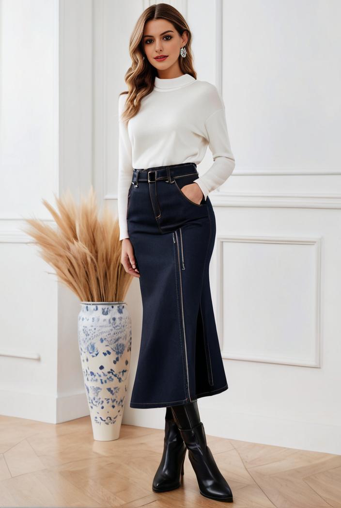 mermaid denim skirt with slant pockets stretch high waist women s denim midi skirt 134389