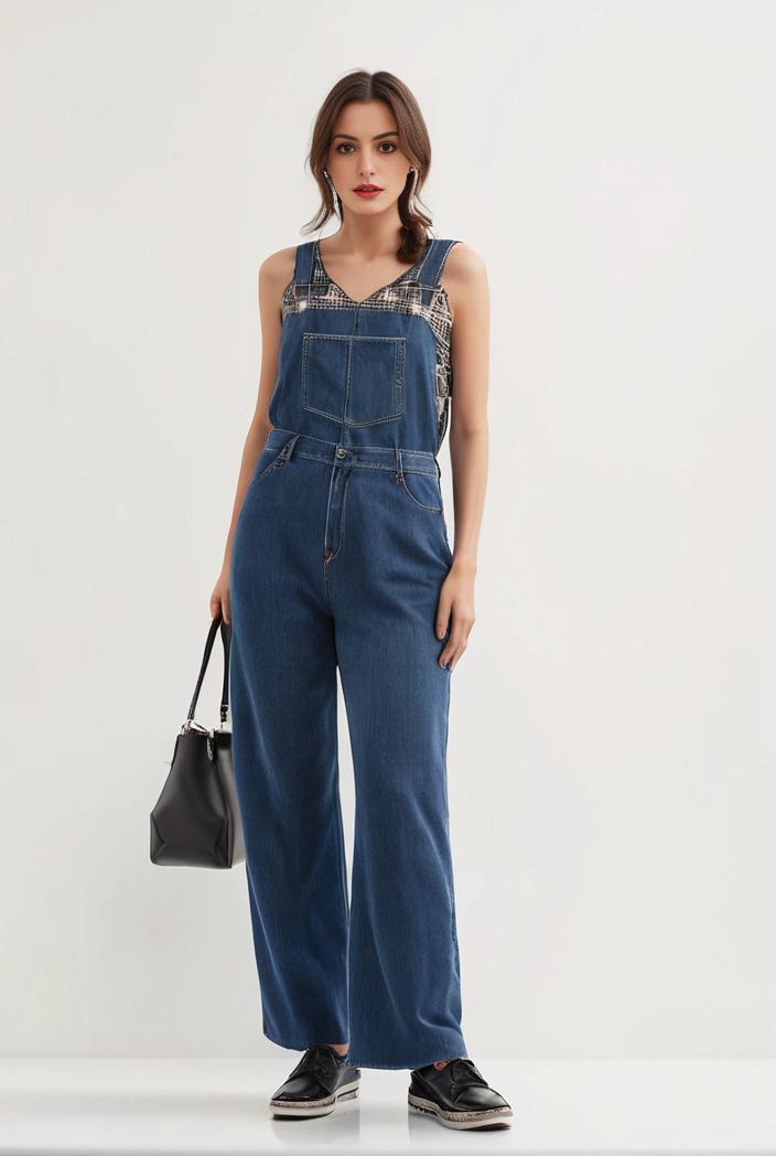 relaxed fit blue denim romper with slant pockets distressed denim coverall stylish women s denim outfit 114826