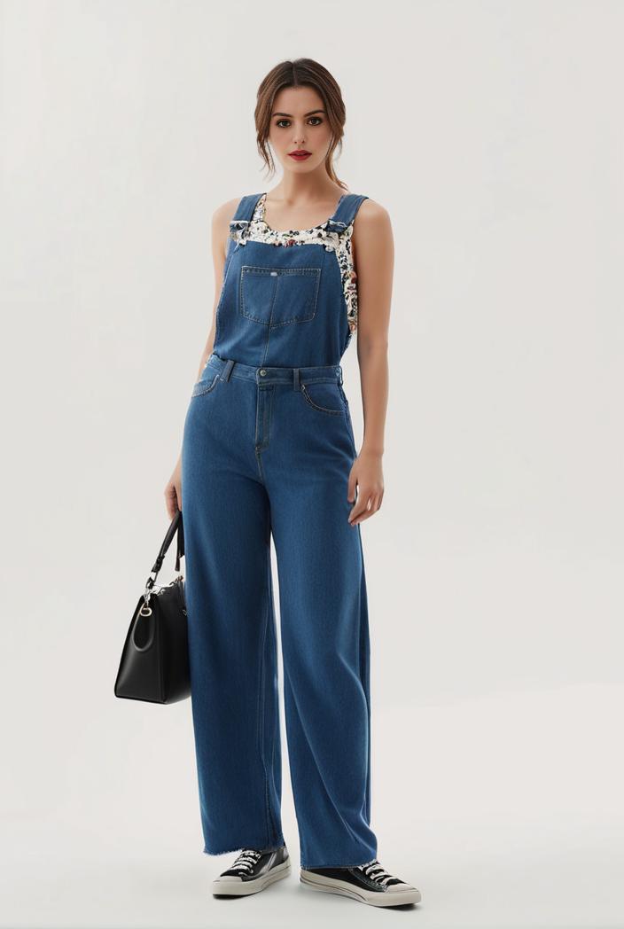 relaxed fit blue denim romper with slant pockets distressed denim coverall stylish women s denim outfit 114827