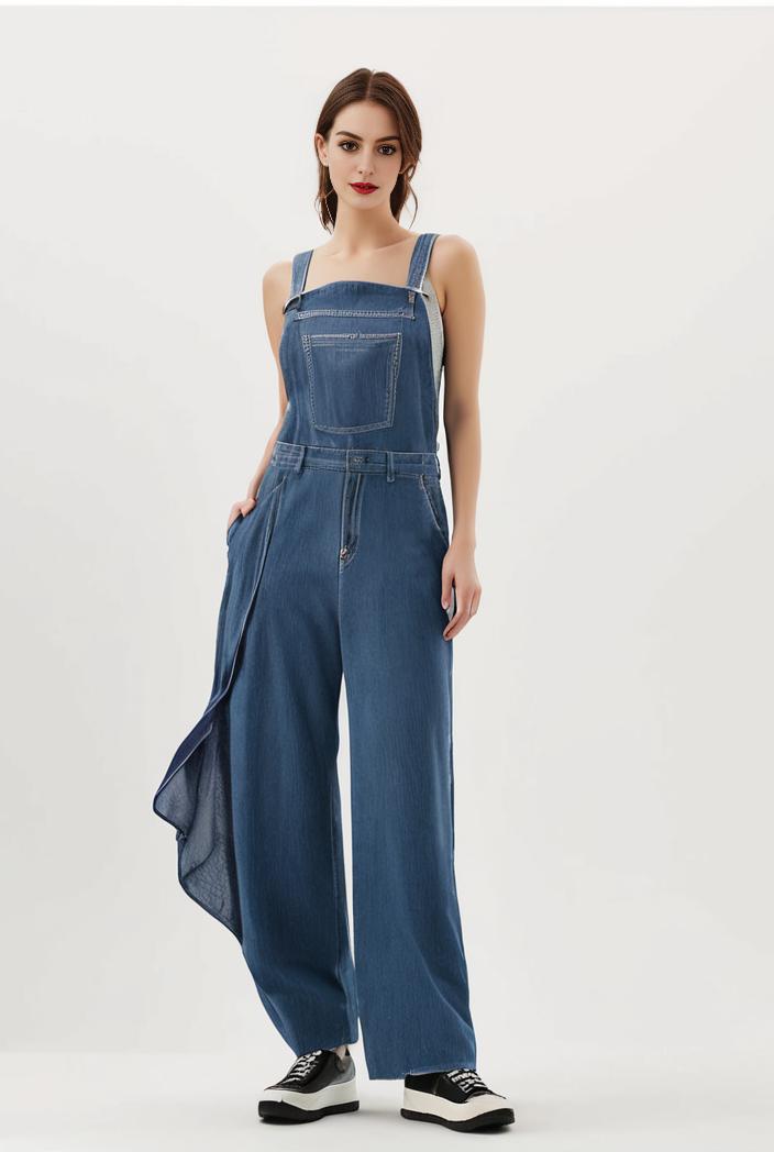 relaxed fit blue denim romper with slant pockets distressed denim coverall stylish women s denim outfit 114832