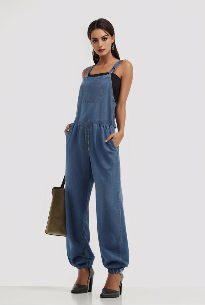 relaxed fit blue denim romper with slant pockets distressed denim coverall stylish women s denim outfit 114838