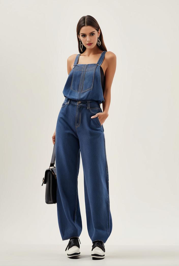 relaxed fit blue denim romper with slant pockets distressed denim coverall stylish women s denim outfit 114841