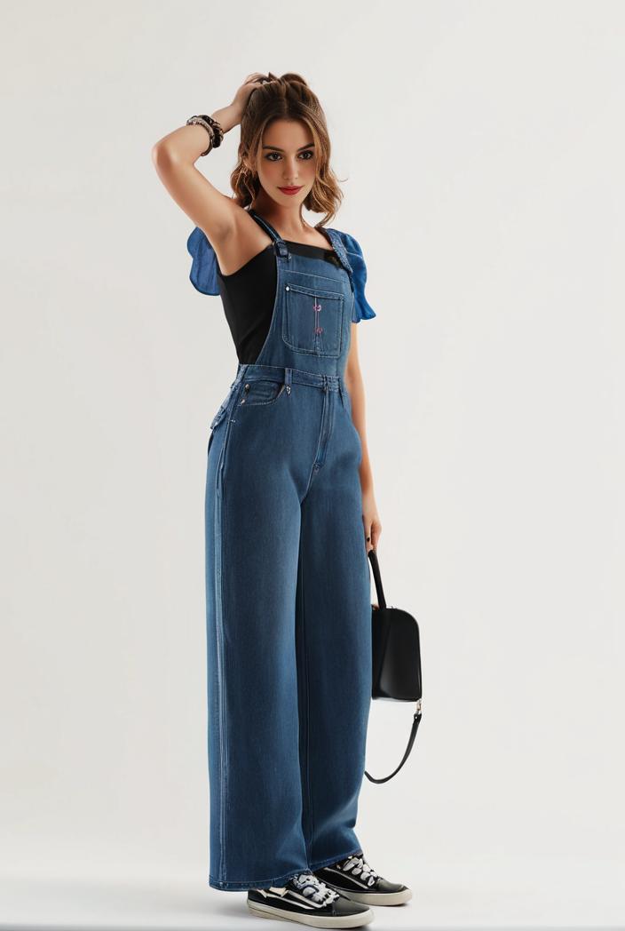 relaxed fit blue denim romper with slant pockets distressed denim coverall stylish women s denim outfit 114842