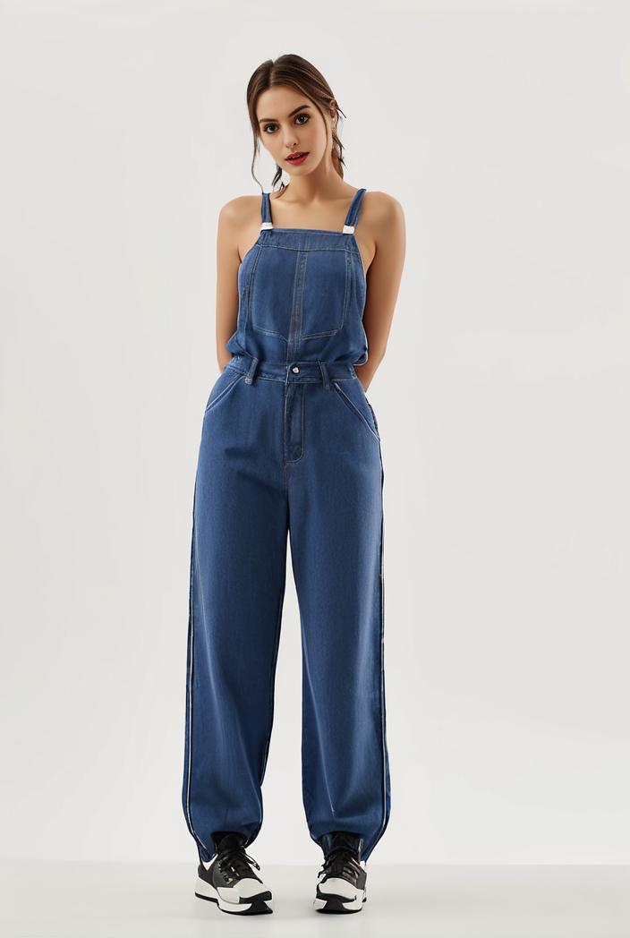 relaxed fit blue denim romper with slant pockets distressed denim coverall stylish women s denim outfit 114857