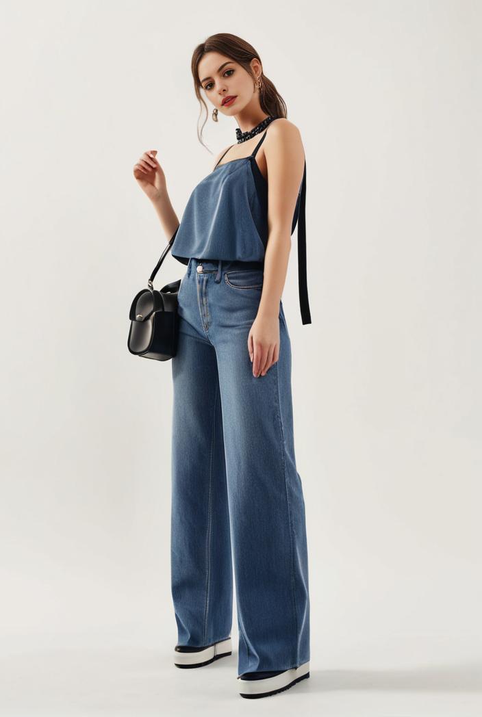 relaxed fit blue denim romper with slant pockets distressed denim coverall stylish women s denim outfit 114860