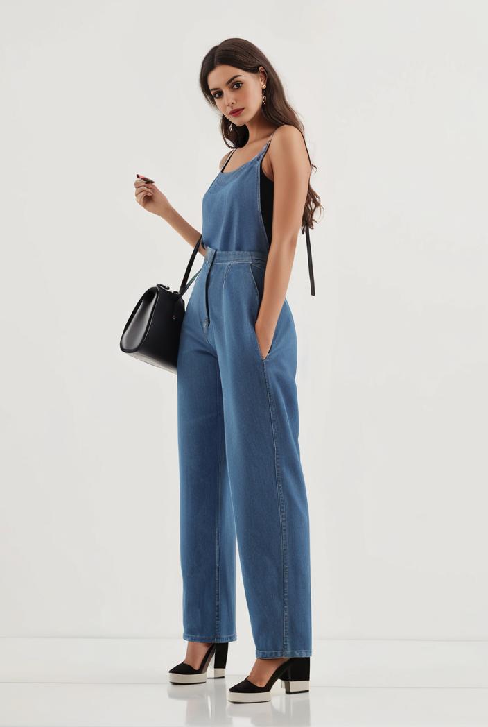 relaxed fit blue denim romper with slant pockets distressed denim coverall stylish women s denim outfit 114862