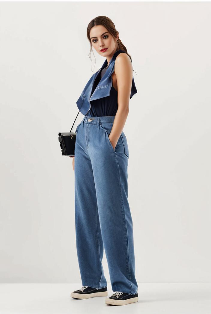 relaxed fit blue denim romper with slant pockets distressed denim coverall stylish women s denim outfit 114864