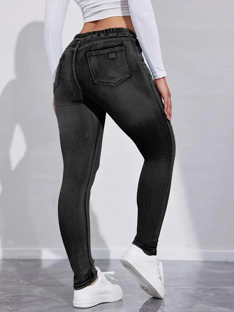 Slim Fit Drawstring Denim Jeans with Elastic Waist for Women