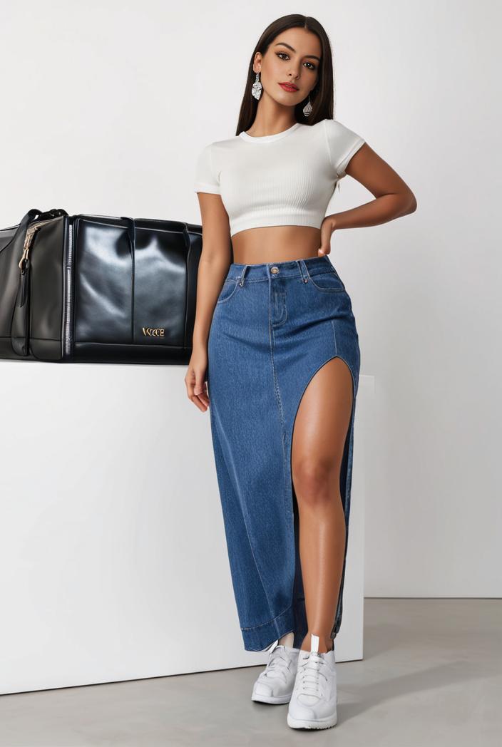 split thigh casual denim midi skirt with slant pockets 121396