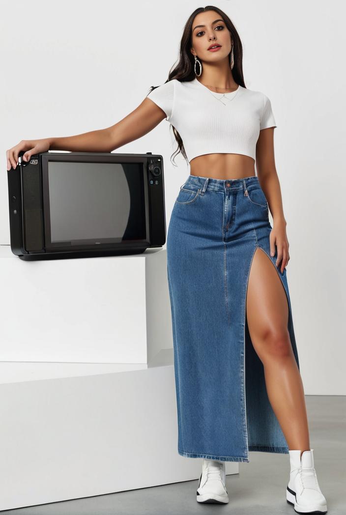 split thigh casual denim midi skirt with slant pockets 121402