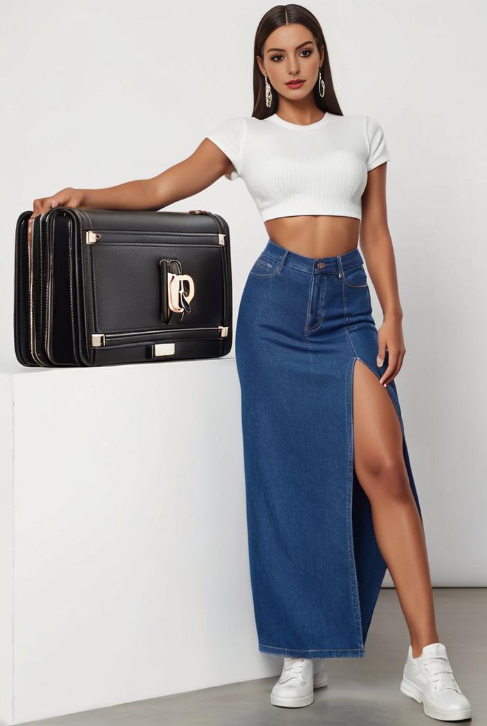 split thigh casual denim midi skirt with slant pockets 121405
