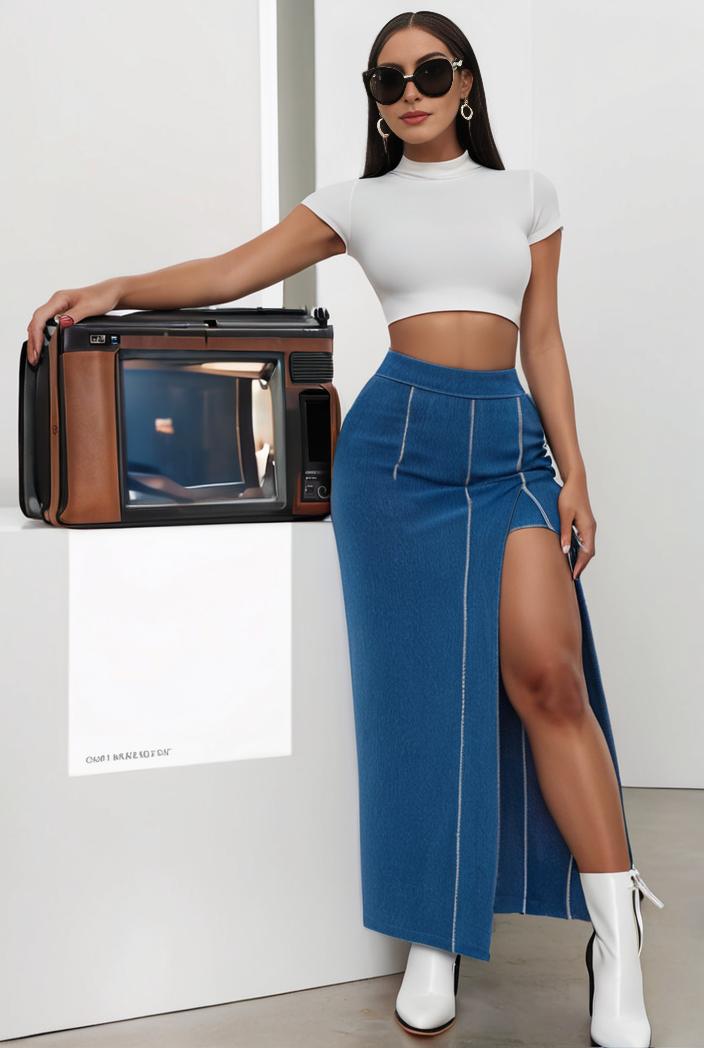 split thigh casual denim midi skirt with slant pockets 121407