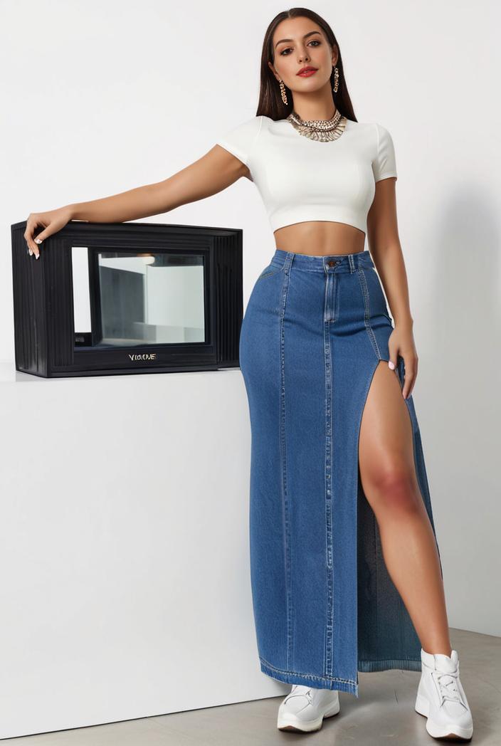 split thigh casual denim midi skirt with slant pockets 121408