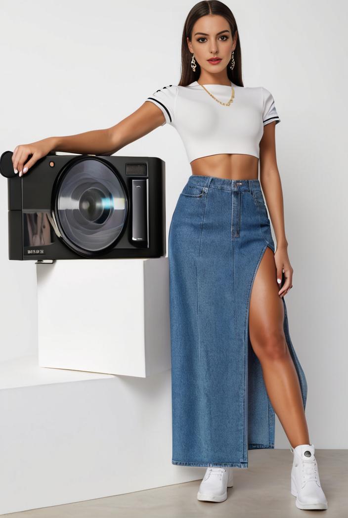 split thigh casual denim midi skirt with slant pockets 121409