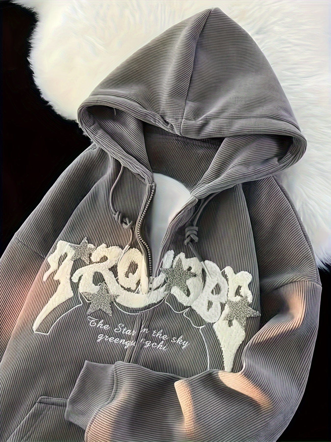 Stylish Zip Up Drawstring Letter Print Slant Pockets Hoodie