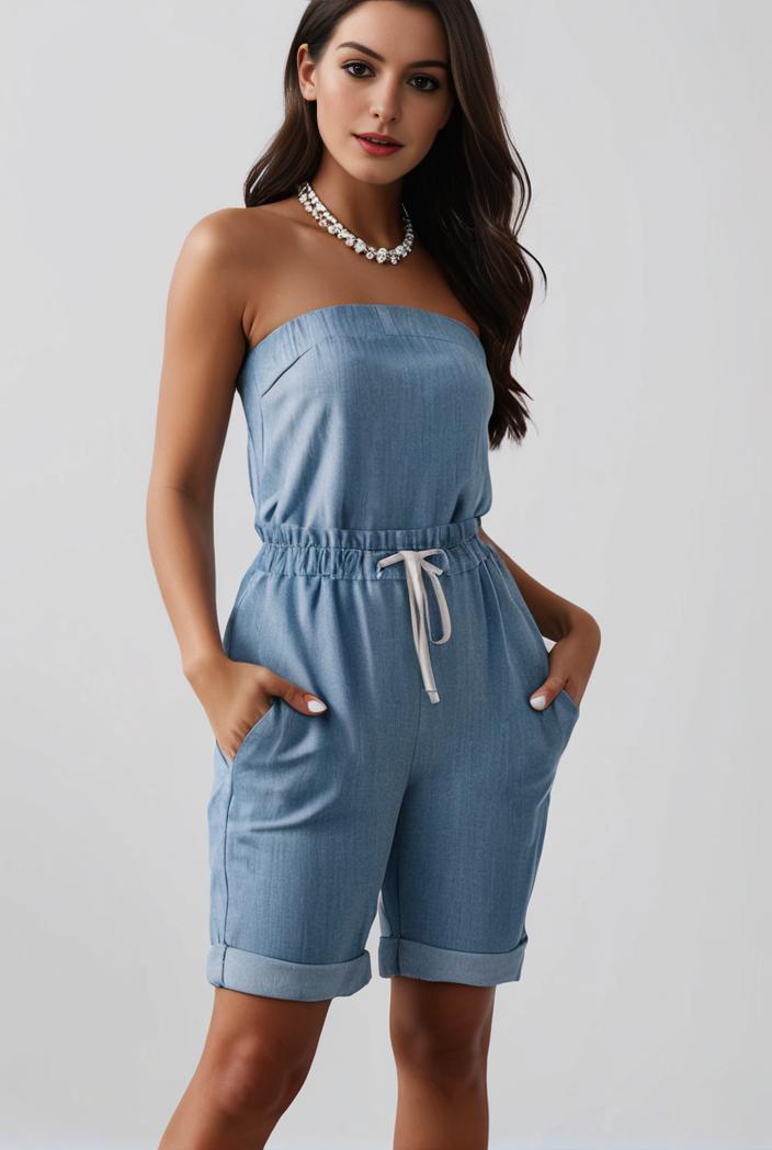 blue denim jumpsuit with distressed ripped details for women 129254