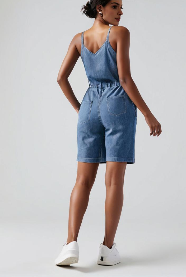 blue denim jumpsuit with distressed ripped details for women 129258