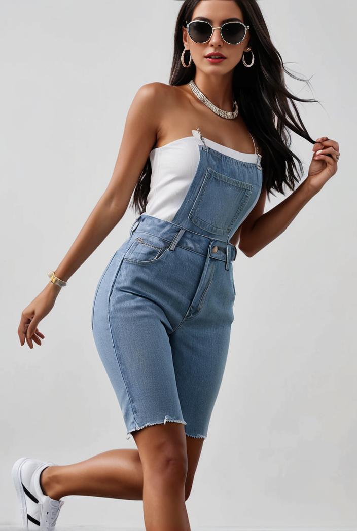 blue denim jumpsuit with distressed ripped details for women 129277