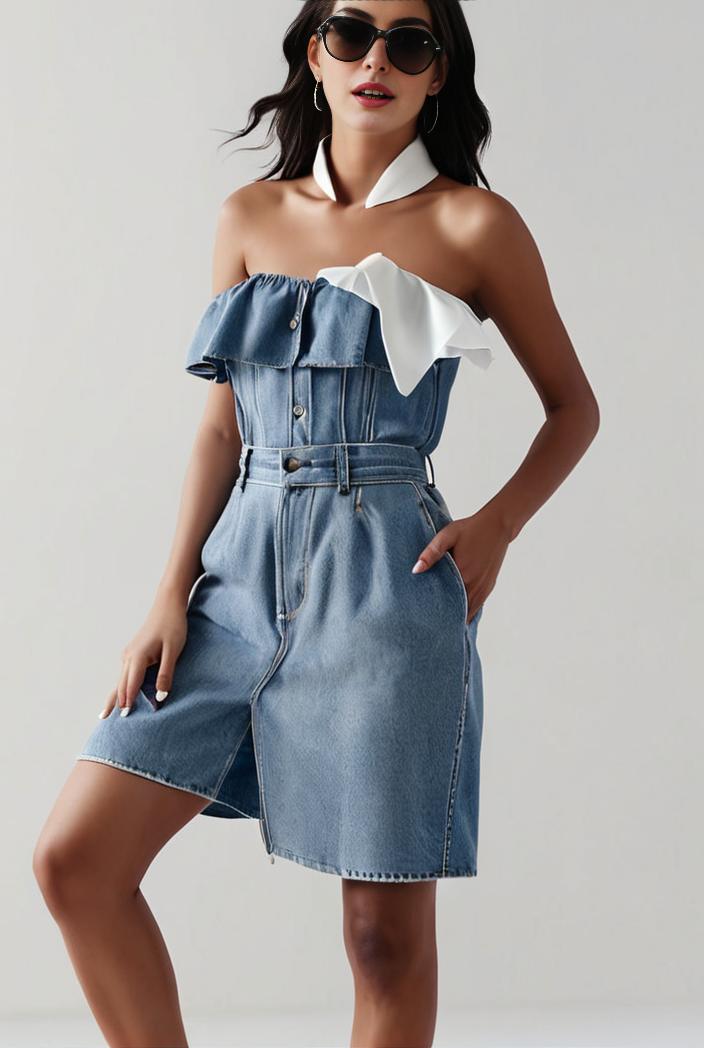 blue denim jumpsuit with distressed ripped details for women 129282