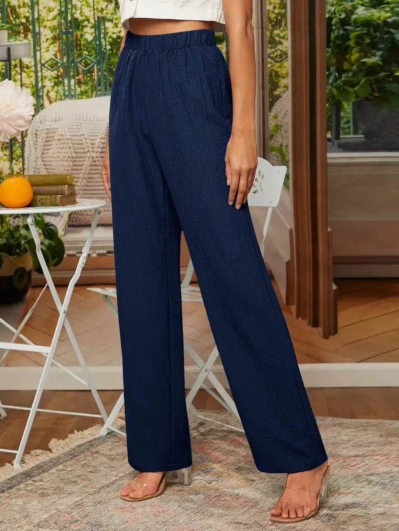 Straight Leg Elastic Waist Pants: Stylish Loose Fit Solid Textured Trousers Ideal for Spring & Autumn, Women's Apparel