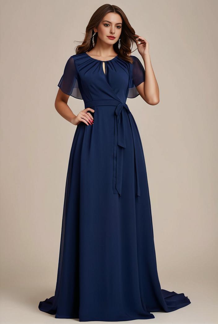plus size simple chiffon pleated a line round neckline bridesmaid dress 101758