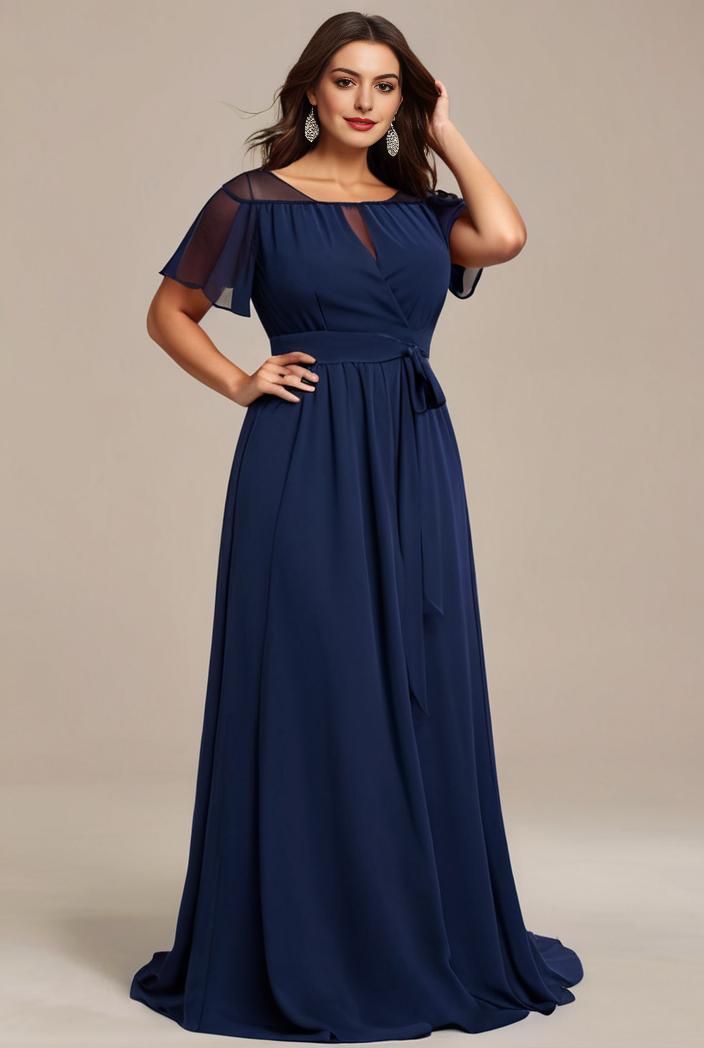 plus size simple chiffon pleated a line round neckline bridesmaid dress 101760