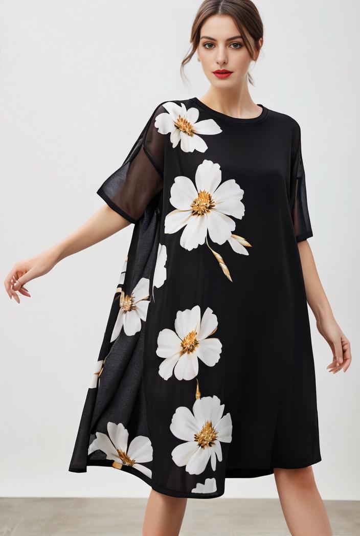 size curve dresses plus size loose elegant floral pattern stitching midi dress 105371