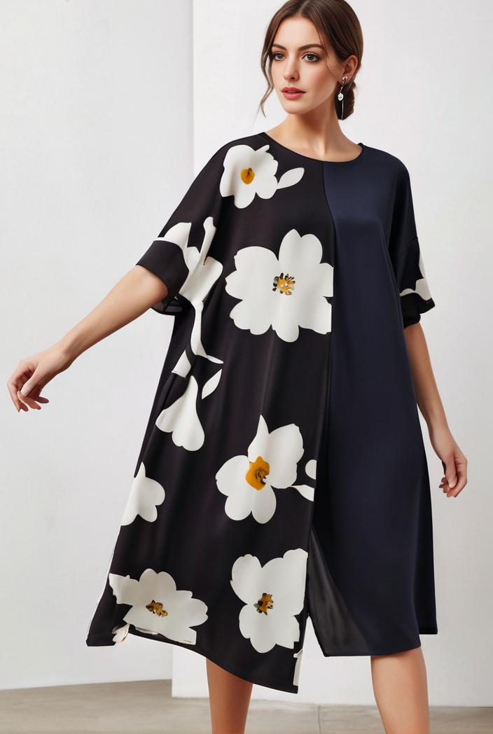 size curve dresses plus size loose elegant floral pattern stitching midi dress 105372