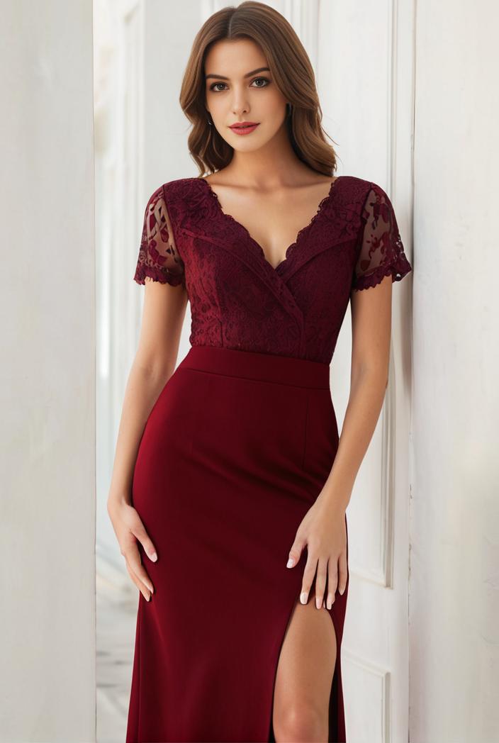 deep v neck sequin short sleeve high side front slit mother of the bride dress 111340
