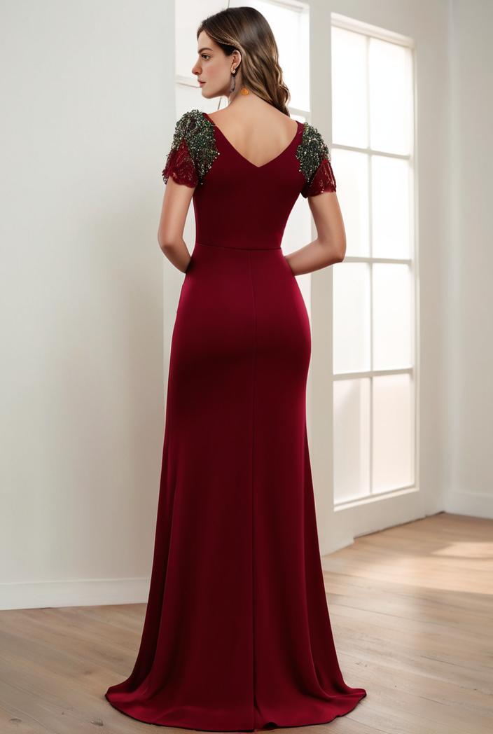 deep v neck sequin short sleeve high side front slit mother of the bride dress 111356