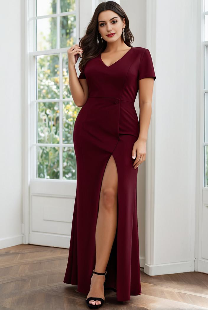 deep v neck sequin short sleeve high side front slit mother of the bride dress 111389