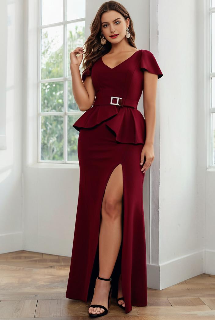 deep v neck sequin short sleeve high side front slit mother of the bride dress 111391