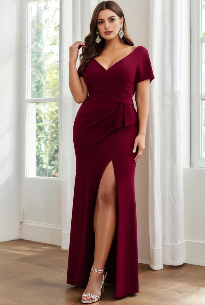 deep v neck sequin short sleeve high side front slit mother of the bride dress 111393