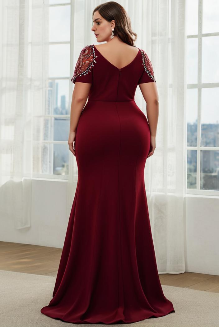 deep v neck sequin short sleeve high side front slit mother of the bride dress 111398