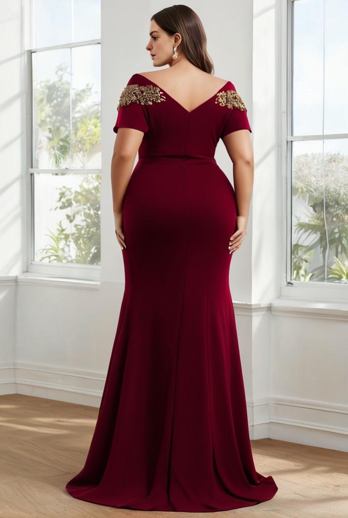 deep v neck sequin short sleeve high side front slit mother of the bride dress 111402