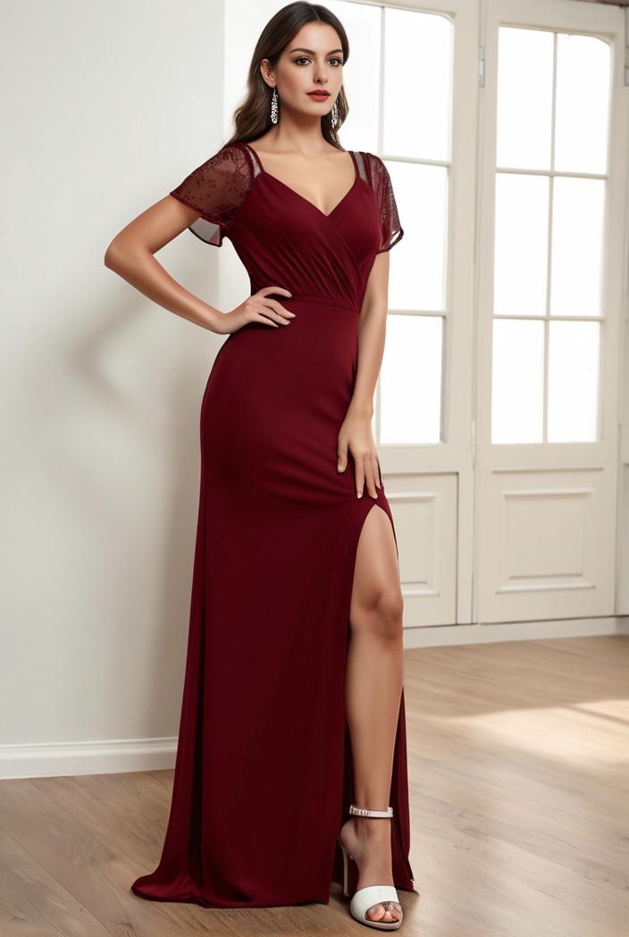 deep v neck sequin short sleeve high side front slit mother of the bride dress 111411