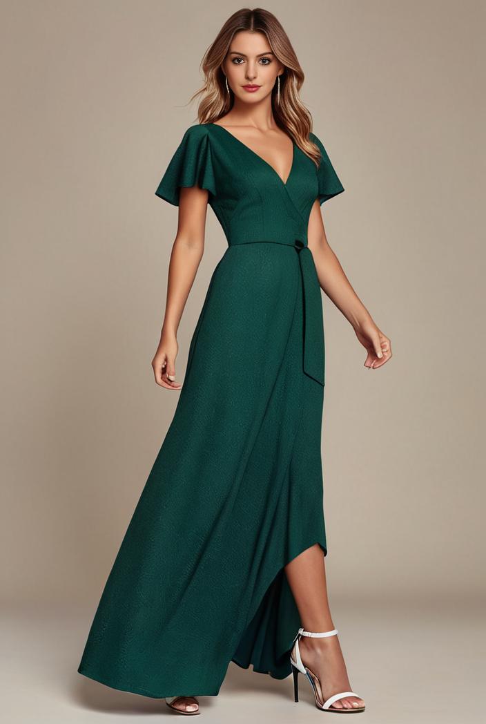 glitter high low front side slit ruffled v neck evening dress 114875