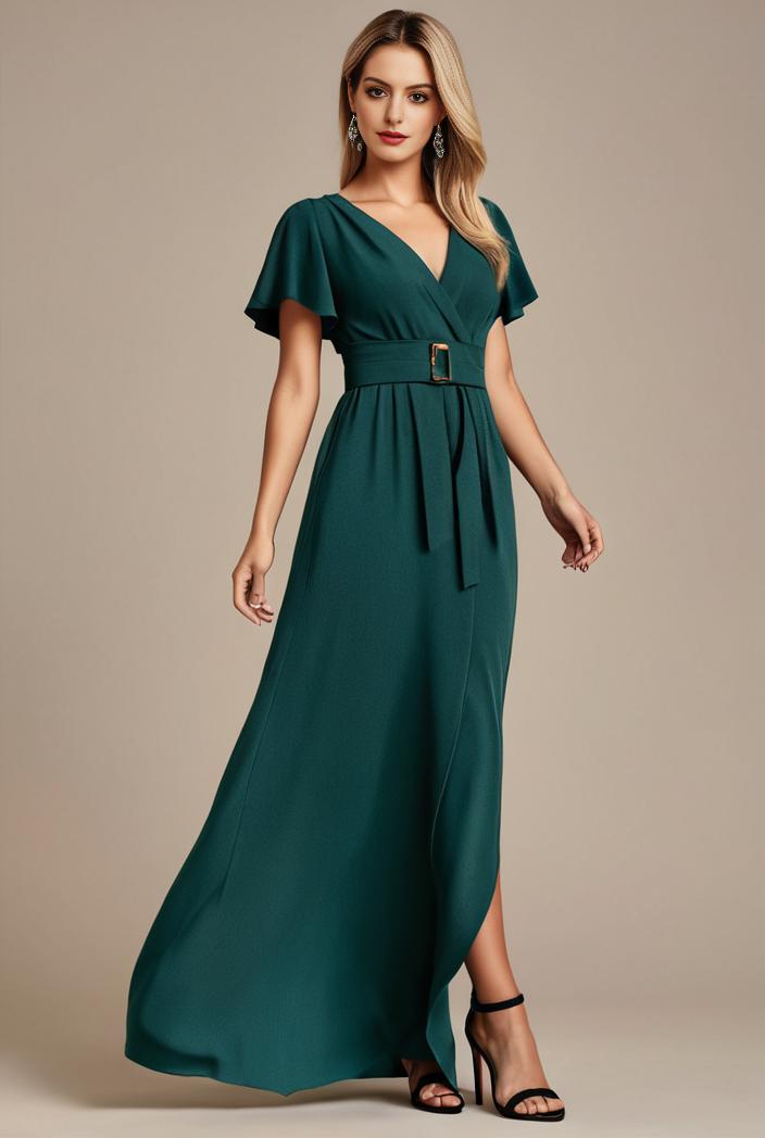 glitter high low front side slit ruffled v neck evening dress 114878