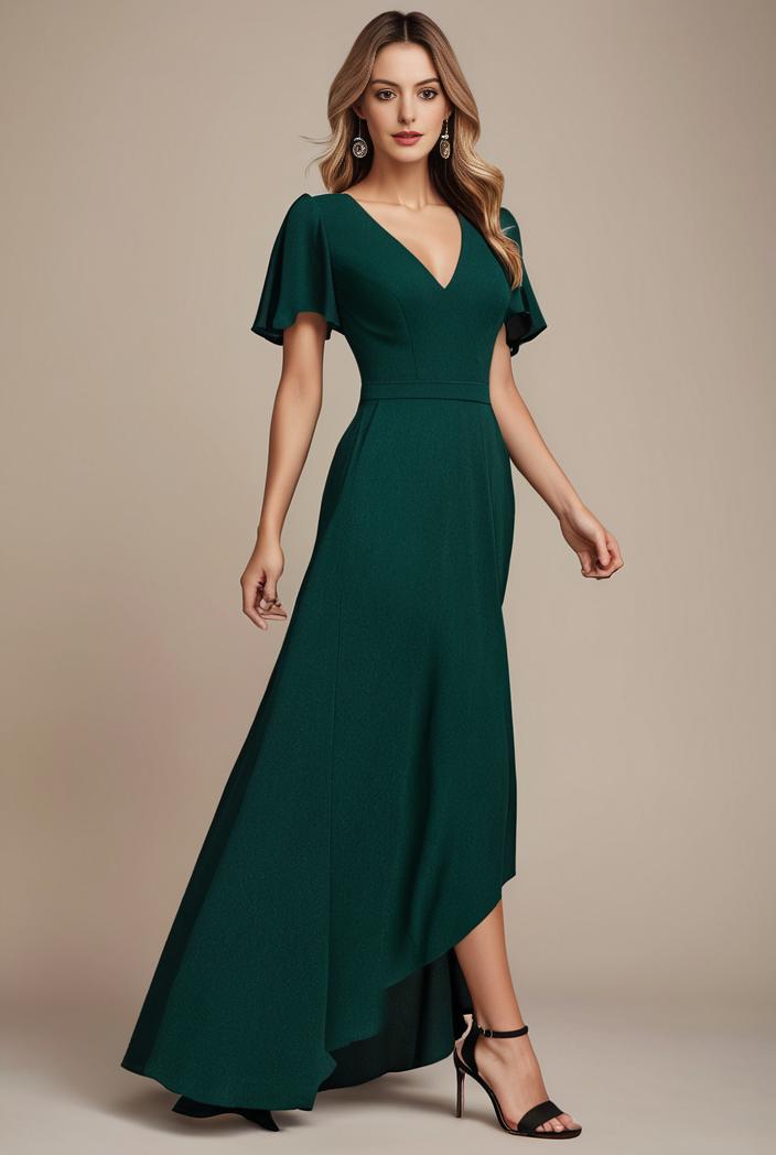 glitter high low front side slit ruffled v neck evening dress 114879