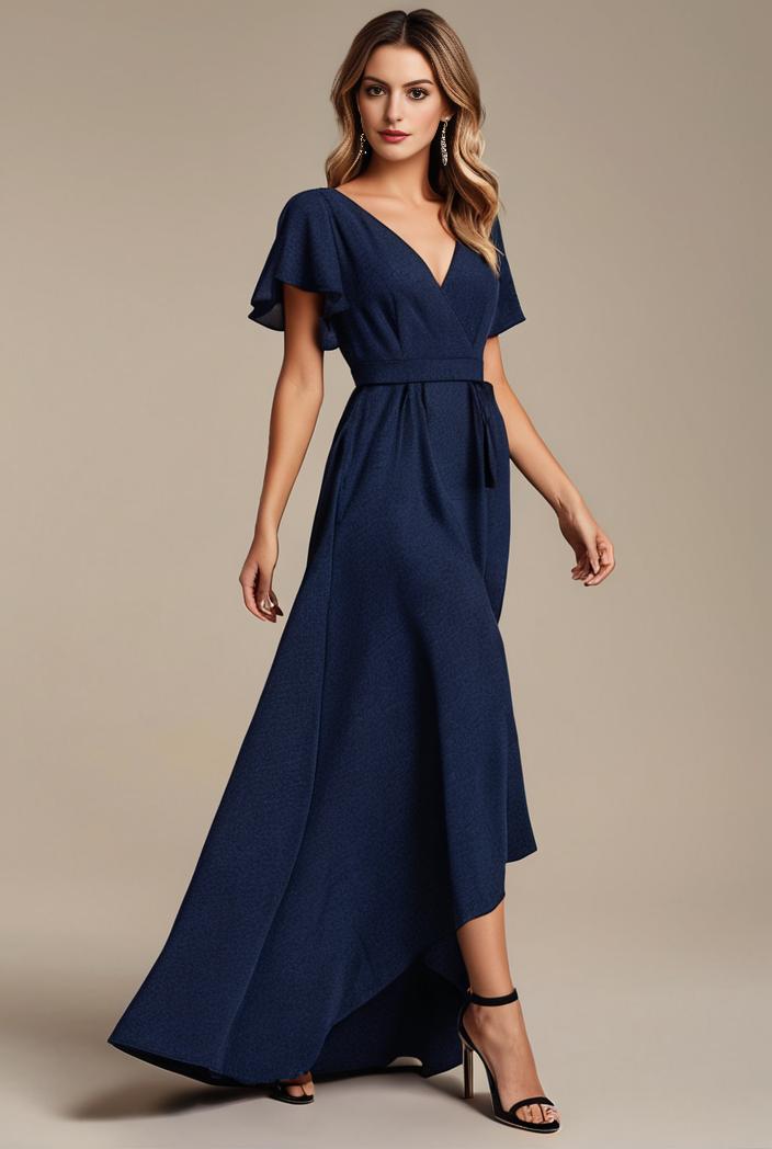 glitter high low front side slit ruffled v neck evening dress 114897