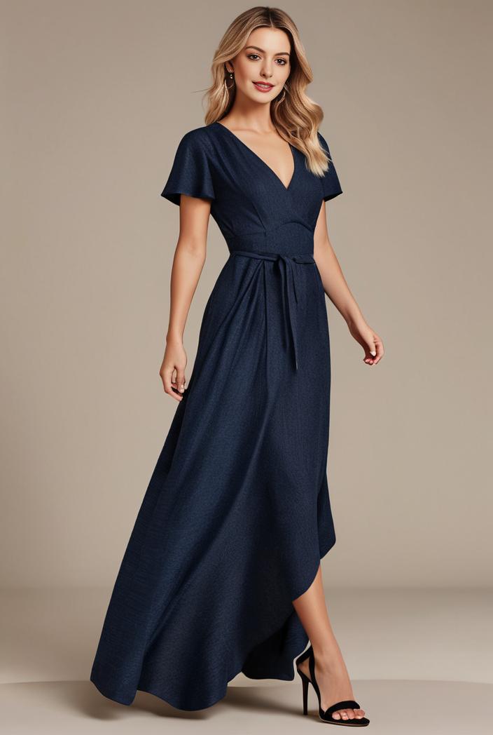 glitter high low front side slit ruffled v neck evening dress 114898