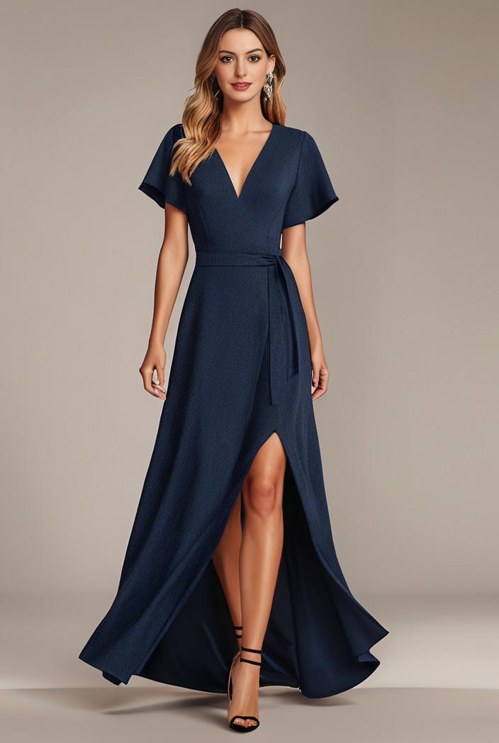 glitter high low front side slit ruffled v neck evening dress 114905