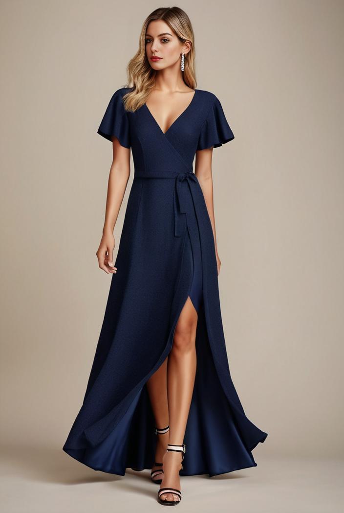glitter high low front side slit ruffled v neck evening dress 114911