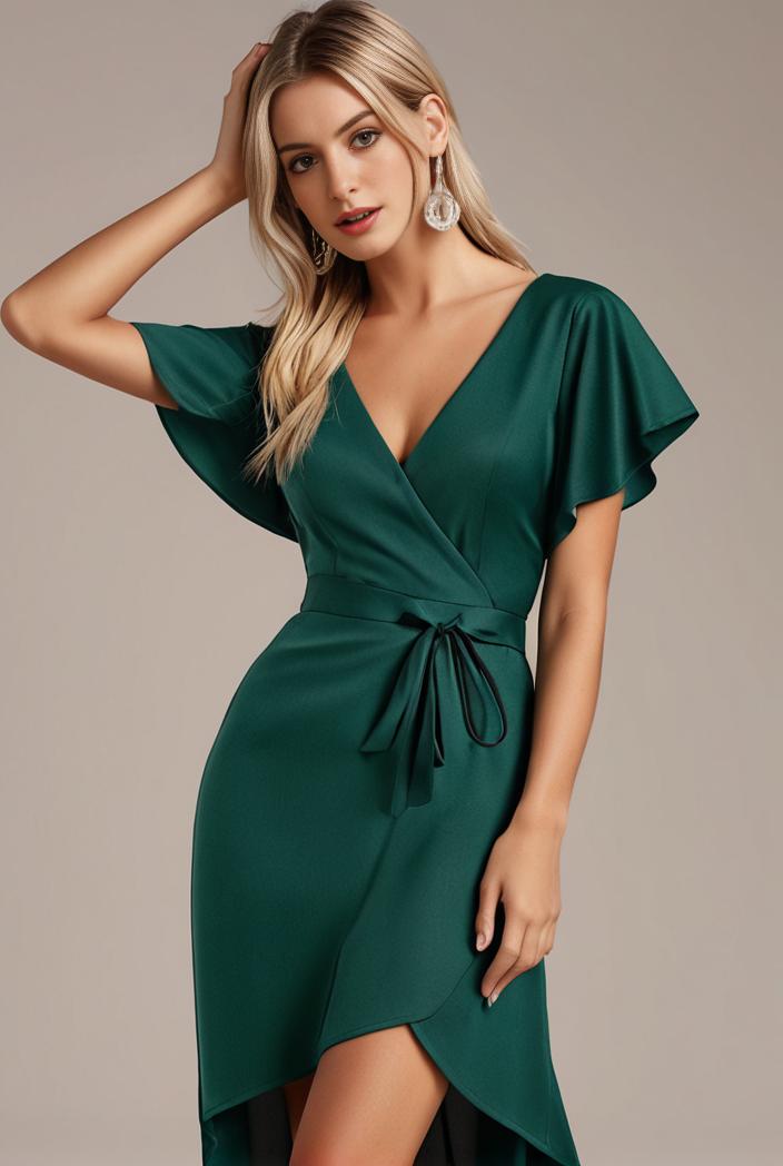 glitter high low front side slit ruffled v neck evening dress 114914