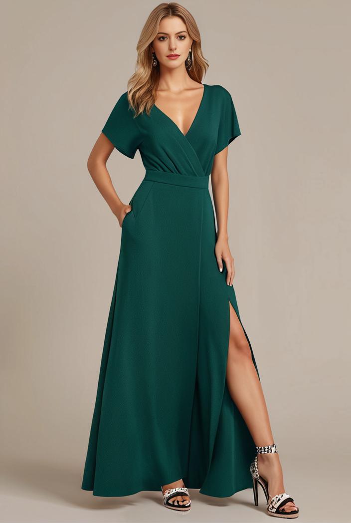 glitter high low front side slit ruffled v neck evening dress 114924