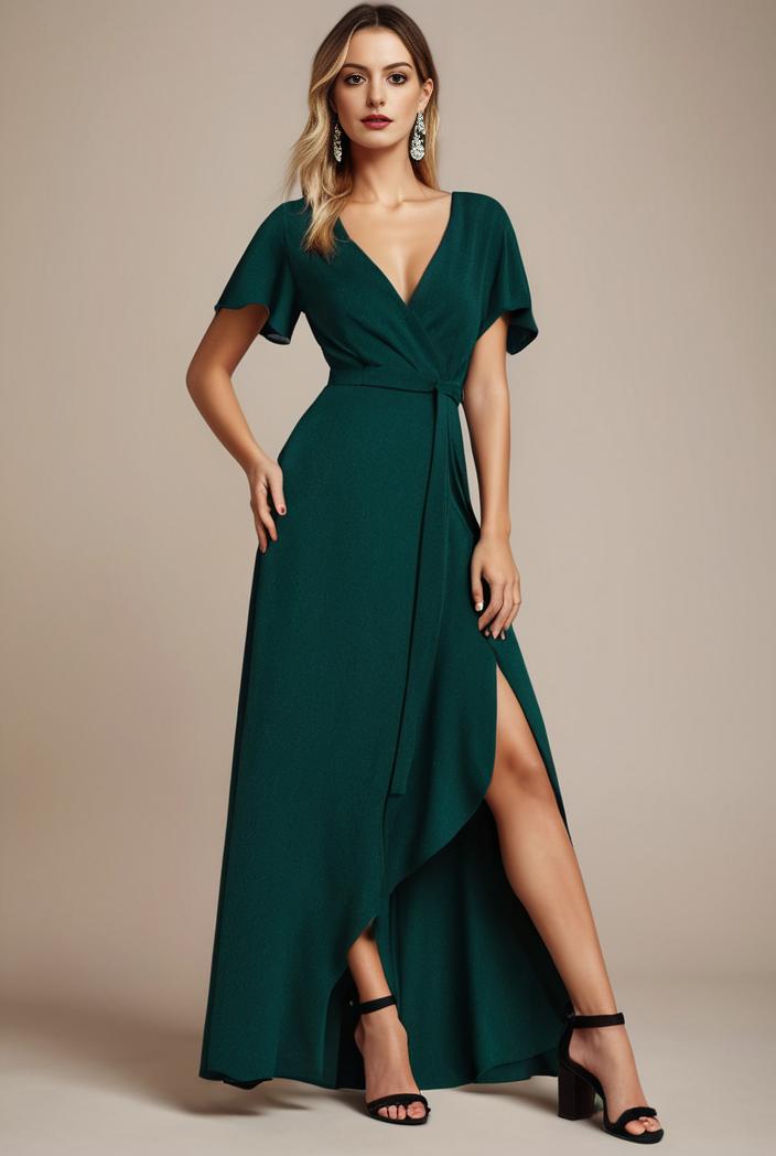 glitter high low front side slit ruffled v neck evening dress 114927